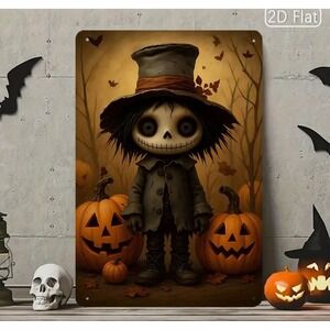 New Vintage Halloween Tin Metal Sign Plaque 8x12 Decoration Skelton Pumpkins